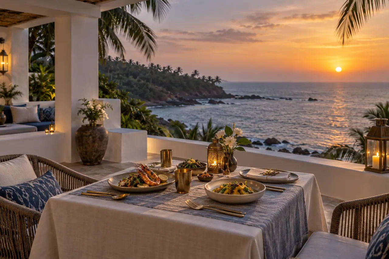 Coastal dinner on a white villa terrace at sunset