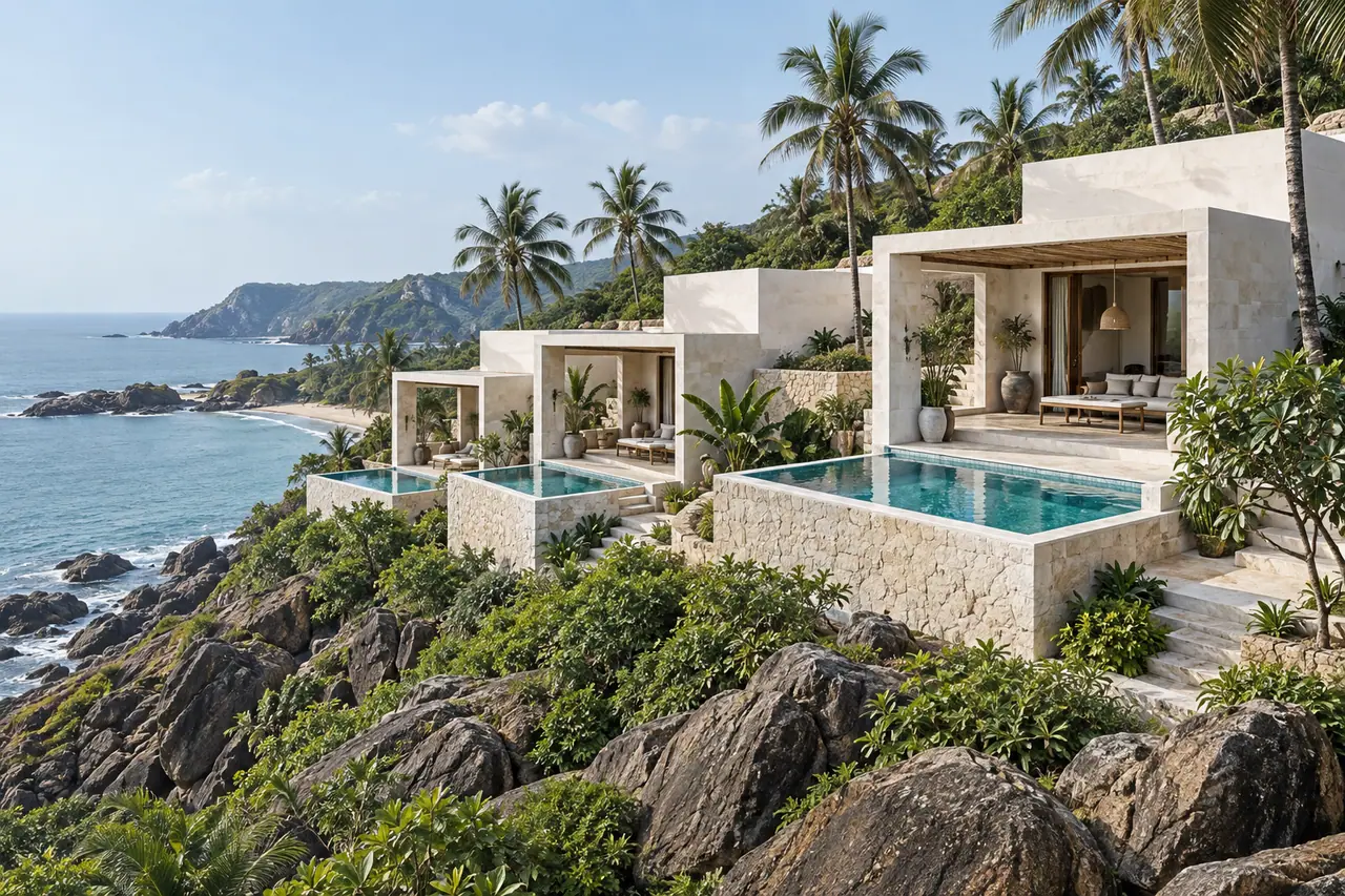 A group of white Coast House villas beside the sea
